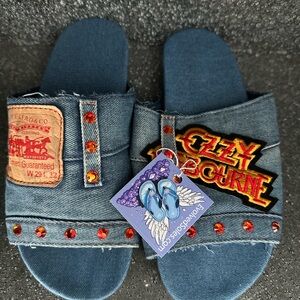 BNWT denim Jean slides Ozzy Osbourne Swarovski crystal Fire Opal size 6 shoe